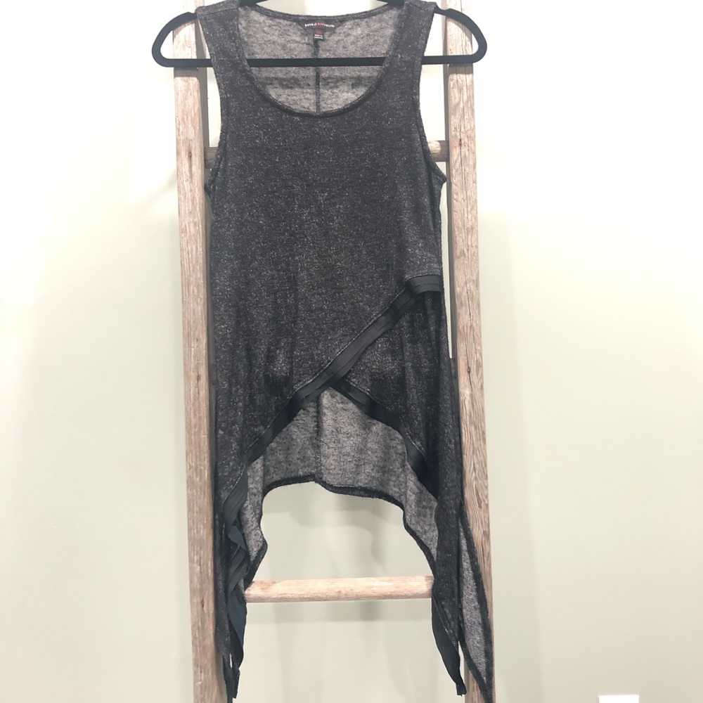 Rock & Republic Asymmetrical Black Satin Trim Tank